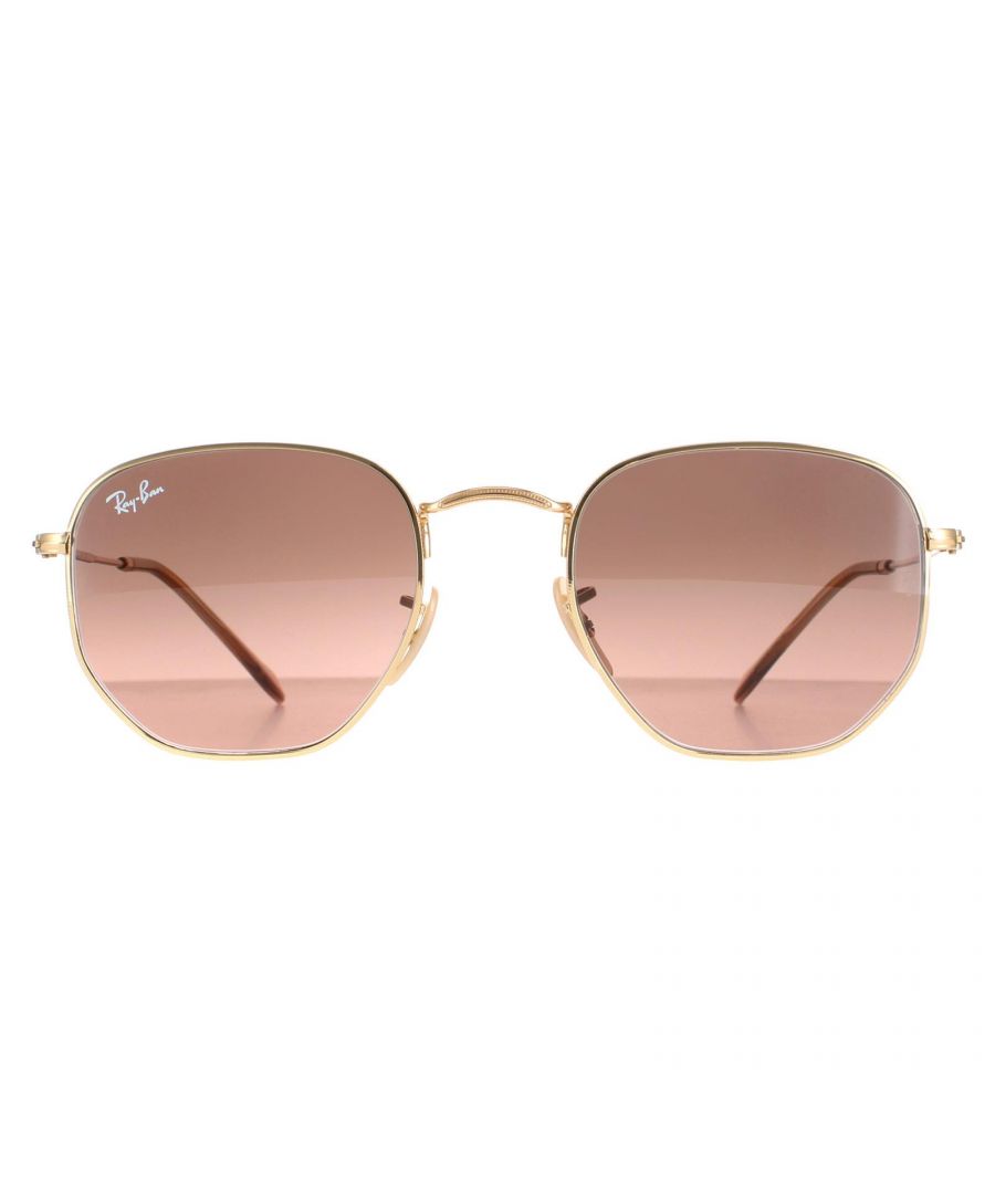 Ray-Ban Square Unisex Polished Gold Brown Gradient Hexagonal RB3548N  Sunglasses are a very unique hexagonal shaped frame and feature the latest flat crystal lenses for a updated version of the classic metal round sunglasses. Super thin temples and coined profile to the frame finish the modern fashionable look.