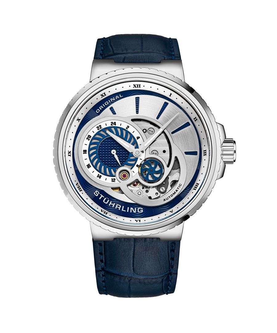 Men's Automatic SS Case, Silver Bezel, Silver and Blue Dial, Silver Hands, Black Markers, Blue Alligator Embossed Genuine Leather Strap Watch