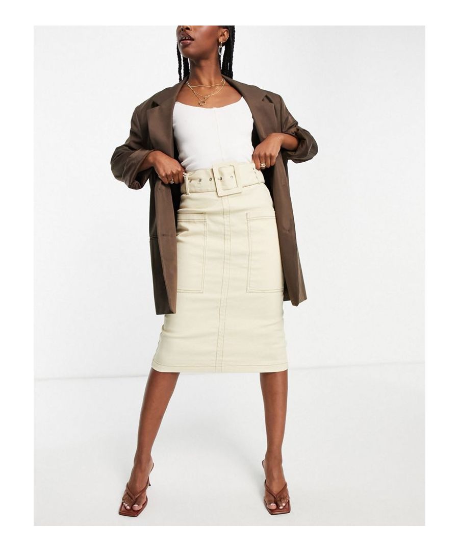 Midi skirt by ASOS DESIGN Treat your lower half High rise Belted waist Two pockets Kick split Skinny fit  Sold By: Asos
