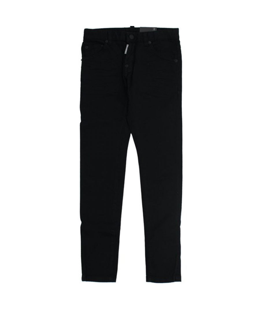These Dsquared2 Boys Cool guy jeans in Black are crafted from cotton and features a five pocket style, a button closure, belt loops and the logo detail on the back.\n\nFive pocket style\nButton closure\nBelt loops\nLogo details\n\n 