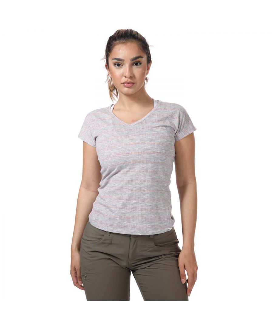 Womens Berghaus Explorer Optic Tech T-Shirt in grey - red.- Round neck.- Short sleeves.- Super stretch fabric.- ARGENTIUM® fabric technology.- Dropped hem.- Flattering fit.- 95% Polyester  5% Elastane.- Ref: 4A000879DP1