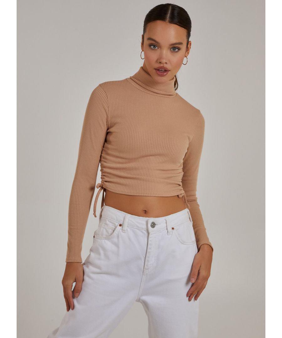 Pink Vanilla Womens Ruched High Neck Side Top - Stone - Size Small