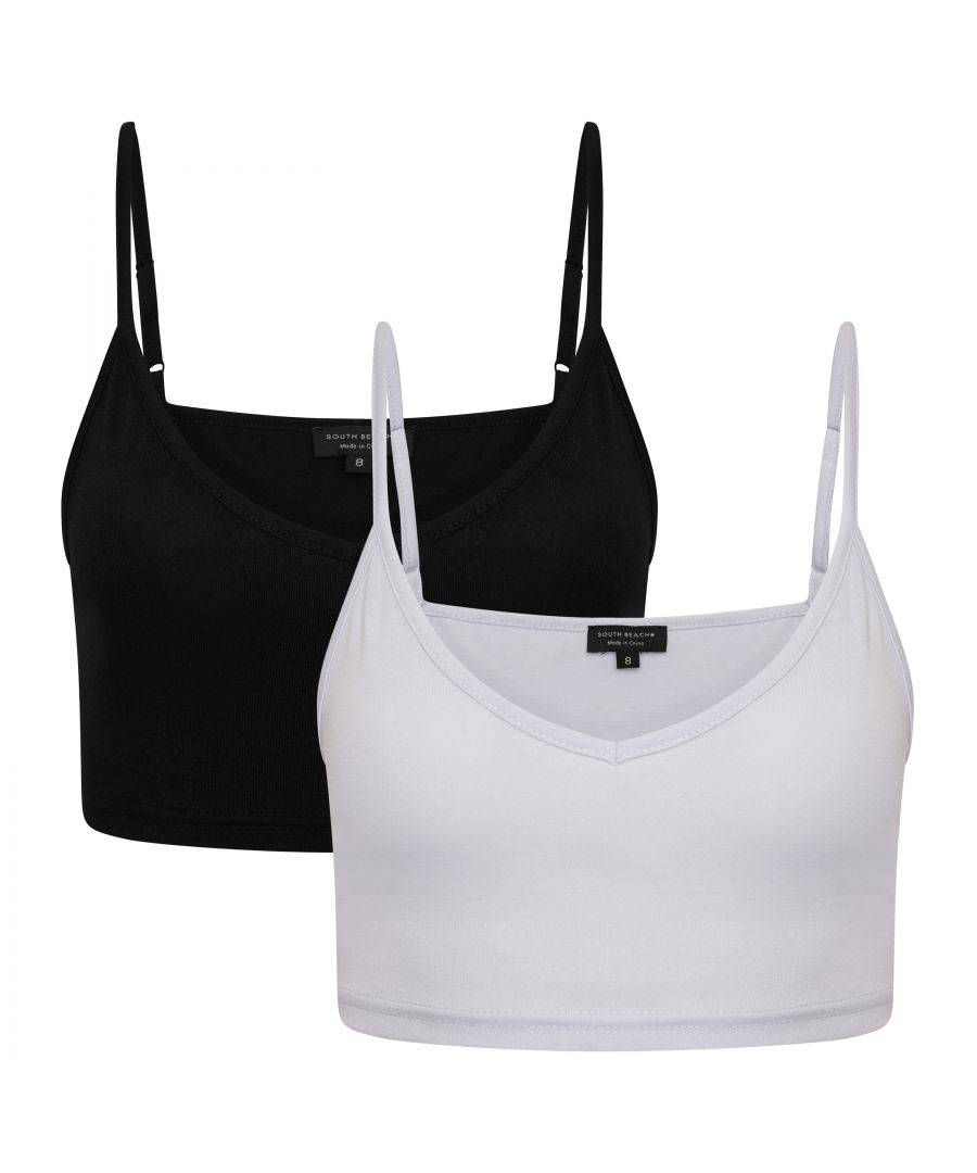 Update your wardrobe staples with this 2-pack strappy bralet set. Made with sustainability in mind, these bralettes are perfect for layering. Featuring adjustable straps in a black and baby-blue colourway. \n\nModel is 5ft 9 and wearing UK size 10.