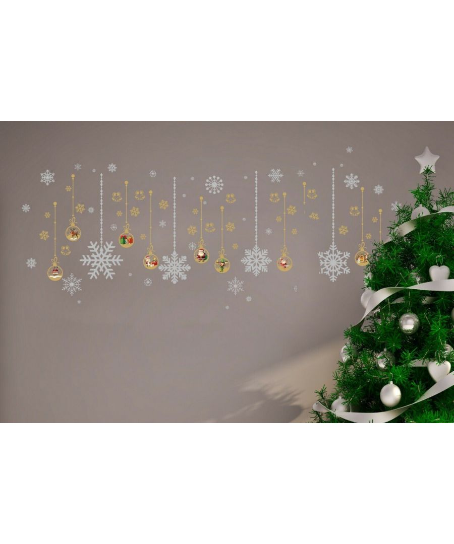 - Everyone loves the thought of snowfall at Christmas and this wonderful decal kit is perfect bringing the glory of snow into your home! \n- Snowflakes without the coldness, who could ask for more! \n- With a combination of matte gold baubles and smaller flourishes with silver falling flakes this wall decal set will have you prepared for the winter festivities in no time. \n- Applicable not only to walls but windows too (please note: stickers applied to wallpapered surfaces will NOT be removable), and removeable without causing damage. \n- This set comprises of over 40 individually cut stickers and can cover a finished area of 230 cm x 100 cm (depending on your layout preferences)
