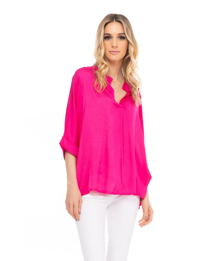 Oversize satin V neck blouse with long sleeves