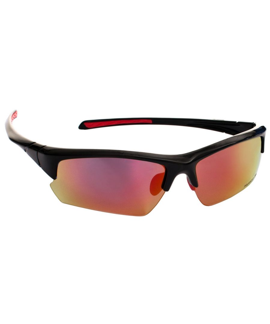 Polarised smoke tint red mirror lens. Polycarbonate Category 2 lens. Wrap around frame. Rubber head grippers & adjustable nose tab. UV 400 Protection.
