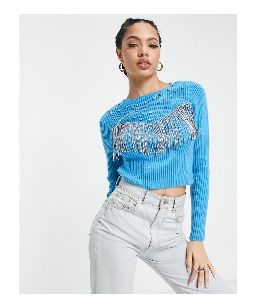 Jumpers & Cardigans by ASOS DESIGN Compliments: incoming Round neck Long sleeves Fringe and faux-stone embellishment Regular fit Sold By: Asos