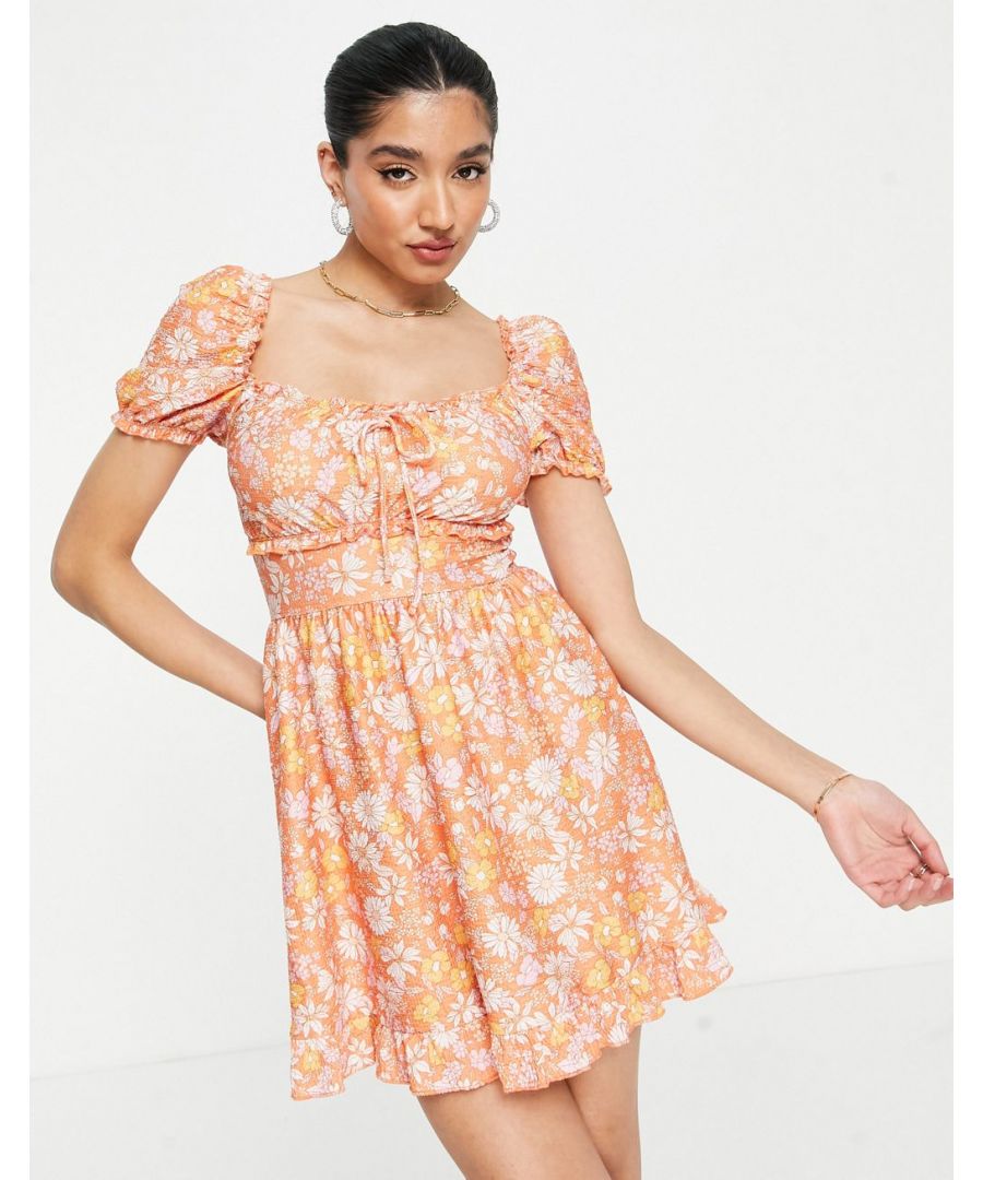 Dress by Miss Selfridge Add-to-bag material Square neck Short sleeves Tie front Frill trims Regular fit Sold by Asos