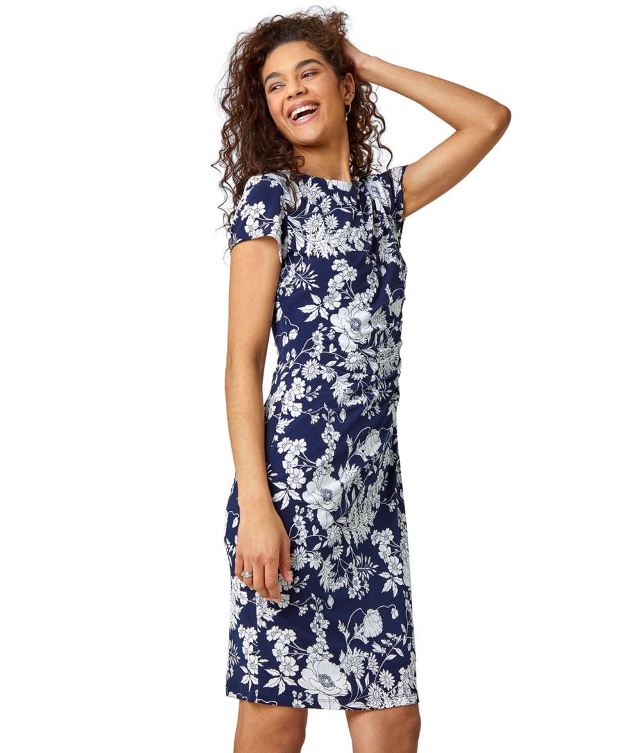 Roman Women's Floral Print Side Ruched Dress|Size: 16|navy