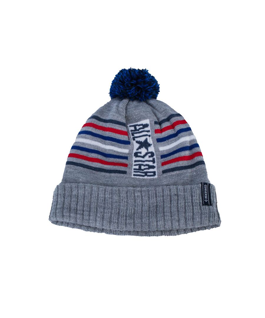 Boys Converse All Star Stripe Beanie in grey heather.<BR><BR>- All Star logo to the front.<BR>- Ribbed design.<BR>- Converse logo patch.<BR>- Blue and navy pompom.<BR>- Contrast stripe design.<BR>- 100% Acrylic. Machine washable.<BR>- Ref: 9A5392P6042