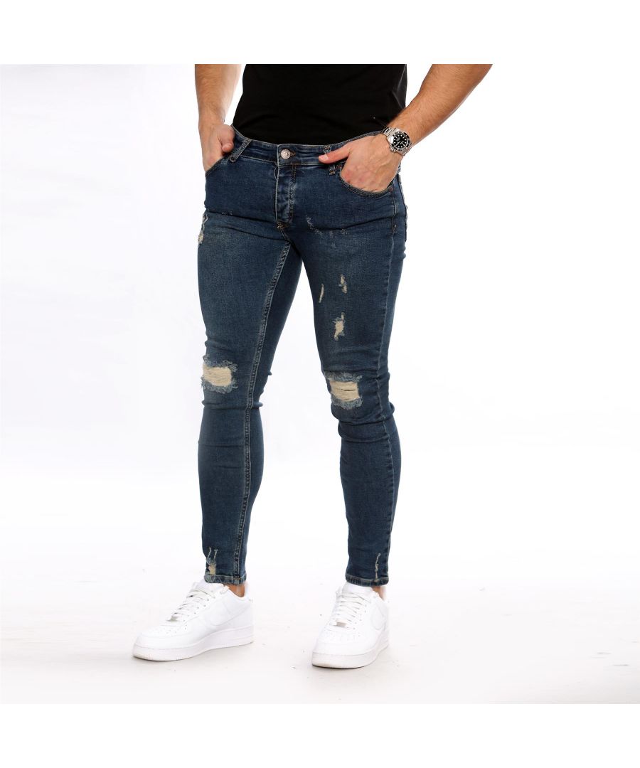 Mens Super Skinny Fit Stretch Ripped Jeans Distressed Ripped Denim Pants. \n\nInseam Length 30”. \n\nRip and Repair (Patches behind the big rips). \n\n2 Back Pockets, 2 Front Pockets and Single Coin Pocket. \n\nBranded Buttons and Rivets. \n\nButton Closure, Zip Fly Fastening. \n\n98% Cotton, 2% Lycra. \n\nMachine Washable.