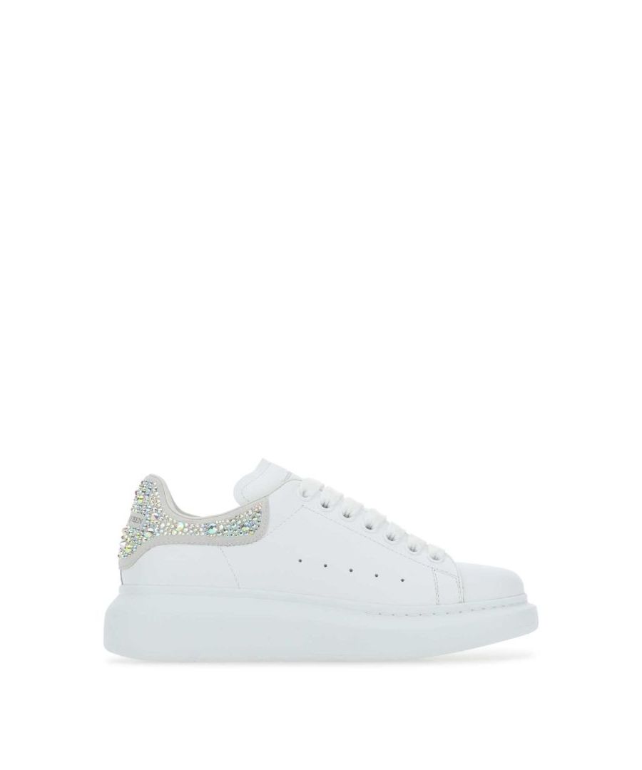 White leather sneakers with embellished suede heel
