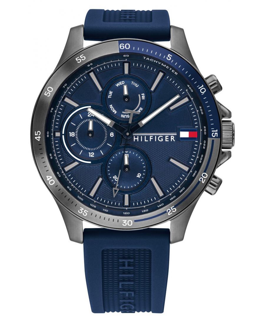 This Tommy Hilfiger Bank Multi Dial Watch for Men is the perfect timepiece to wear or to gift. It's Grey 46 mm Round case combined with the comfortable Blue Silicone watch band will ensure you enjoy this stunning timepiece without any compromise. Operated by a high quality Quartz movement and water resistant to 5 bars, your watch will keep ticking. This sporty and clasical watch is perfect for every occasion! -The watch has a calendar function: Day-Date, 24-hour Display, Luminous Hands, Luminous Numbers High quality 21 cm length, 20 mm wide, Blue Silicone strap with a Buckle Case diameter: 46 mm, Case height: 11 mm and Case color: Grey Dial color: Blue