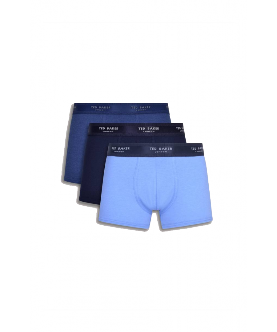 Mens Ted Baker Three Pack Cotton Fashion Trunk in blue navy.- Branded elasticated waistband.- Stretch fabric.- Comes in Ted Baker branded packaging.- 95% Cotton  5% Elastane.XS = 26-28inS = 28-30inM = 32-34inL = 36-38inXL = 40-42in2XL= 44-46in- Ref: RTBC212BL2402We regret that underwear is non-returnable due to hygiene reasons.