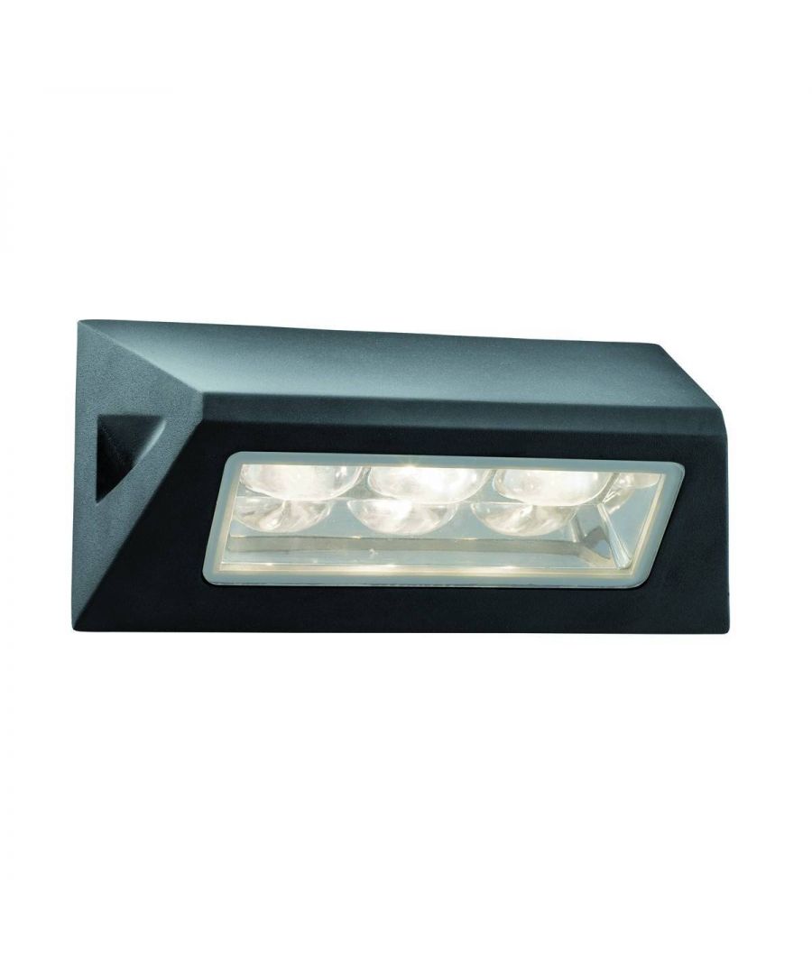 This black 3 LED outdoor oblong wall light fixture provides a useful beam of light for your garden and outdoor areas. The black aluminium oblong fitting is lit by three LED lights using the latest energy saving LED technology. And the fitting is IP44 rated and fully splash proof to protect against the elements. | Material: Glass | IP Rating: IP44 | Height (cm): 11 | Length (cm): 15 | No. of Lights: 3 | Lamp Type: LED | Kelvin: 6000 | Lumens: 240 | Wattage (max): 1 | Weight (kg): 0.5 | Class: 1 (Earthed) | Bulb Included: Yes