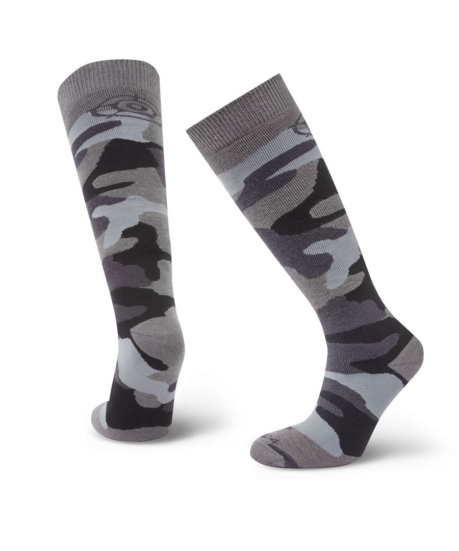 Designed with winter sports in mind, our Camo ski socks are perfect for snowboarding and skiing. Packed full of technical features including elasticated support around the ankle and underneath the arches, these socks protect and insulate your feet when you need it most. Thick padding adds a layer of cushioned softness and warmth, while the smooth toe seam is kind to skin and won't irritate your feet. Soft grip cuffs keep the socks in place without being uncomfortably tight, so you can ski or snowboard in comfort and style. In keeping with our Truth Over Glory ethos, subtle TOG24 branding appears on the toe as well as on the calf.