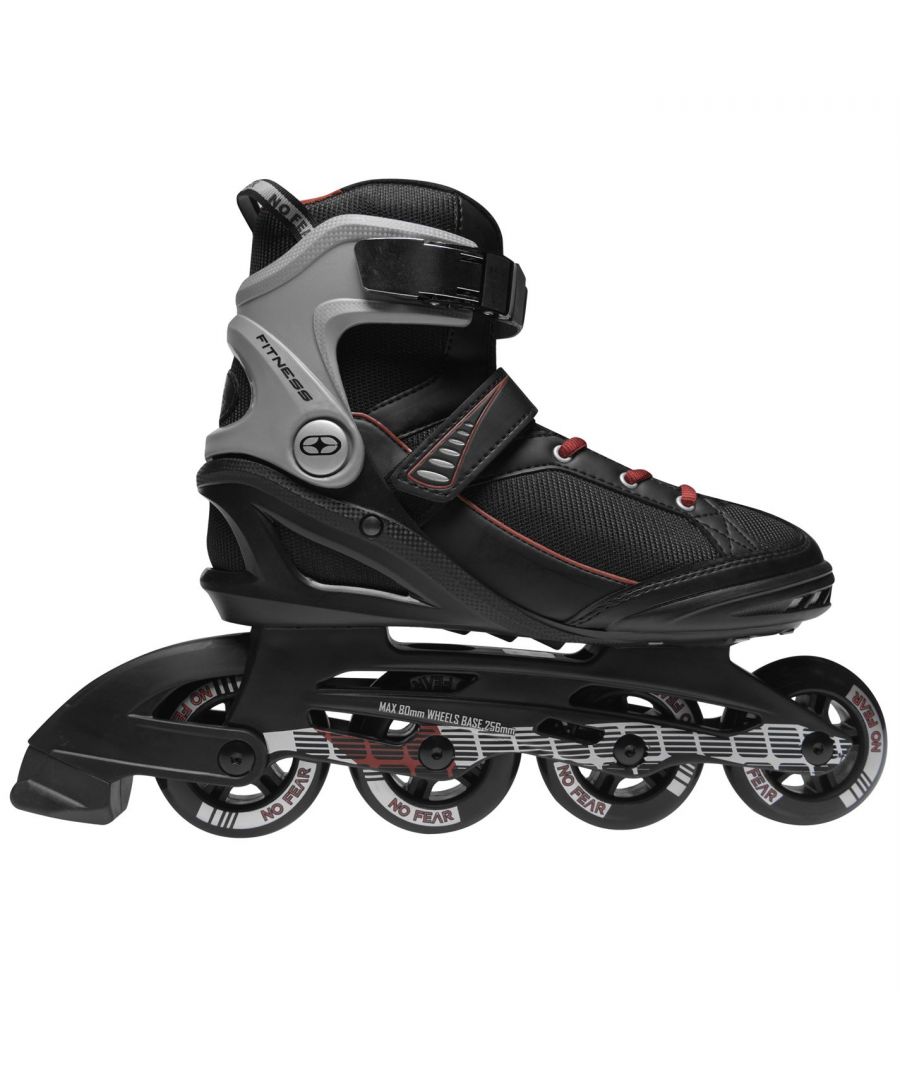 No Fear Mens Fitness Skates - The No Fear Mens Fitness Skates have been constructed with a full laced front, buckle fastening and hook and loop tape strap secures the foot in place, complete with the ABEC 5 bearings provides a smooth ride.  > Skates > Buckle fastening > Full laced front > Hook and loop tape strap > ABEC 5 bearings > 76mm wheels > No Fear branding