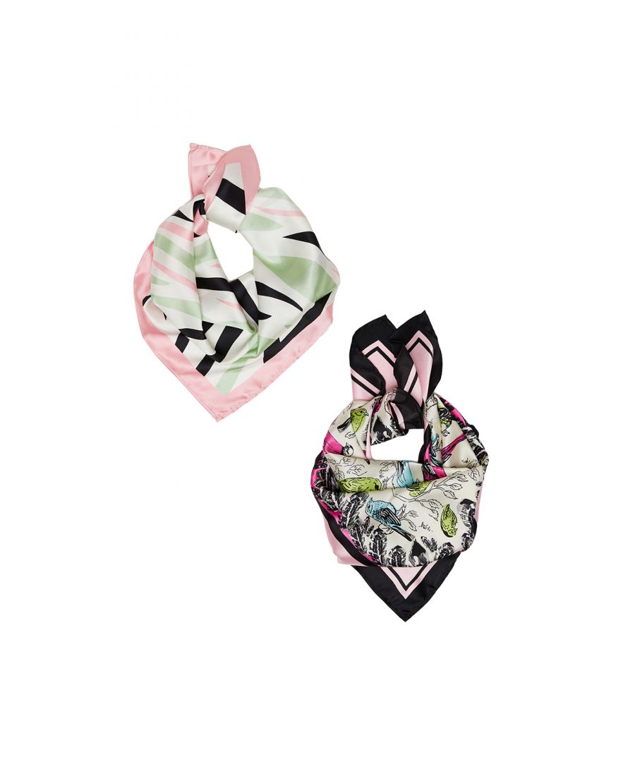 Elevate your style with our Threadbare square printed satin scarves.\nOne coloured bird and feather print with black accents, and black and pale pink borders. One white with pink, black and mint green animal print with pale pink border.\nPerfect tied at the neck with a simple t-shirt dress, or wear in the hair with a ribbed knit midi dress.