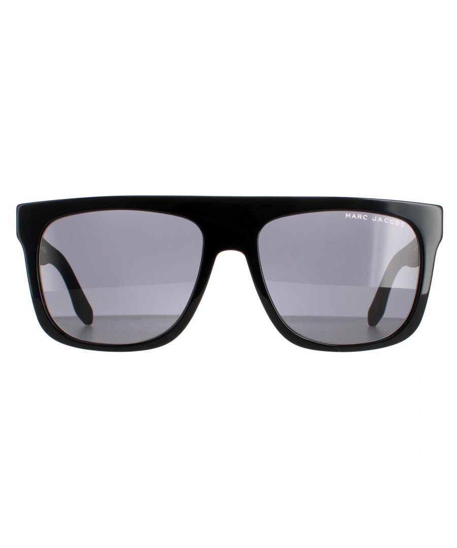 Marc Jacobs Square Unisex Black Grey Marc 357/S Sunglasses are a bold style with a flat top finish and large lettered Marc Jacobs with matching temples stripes.