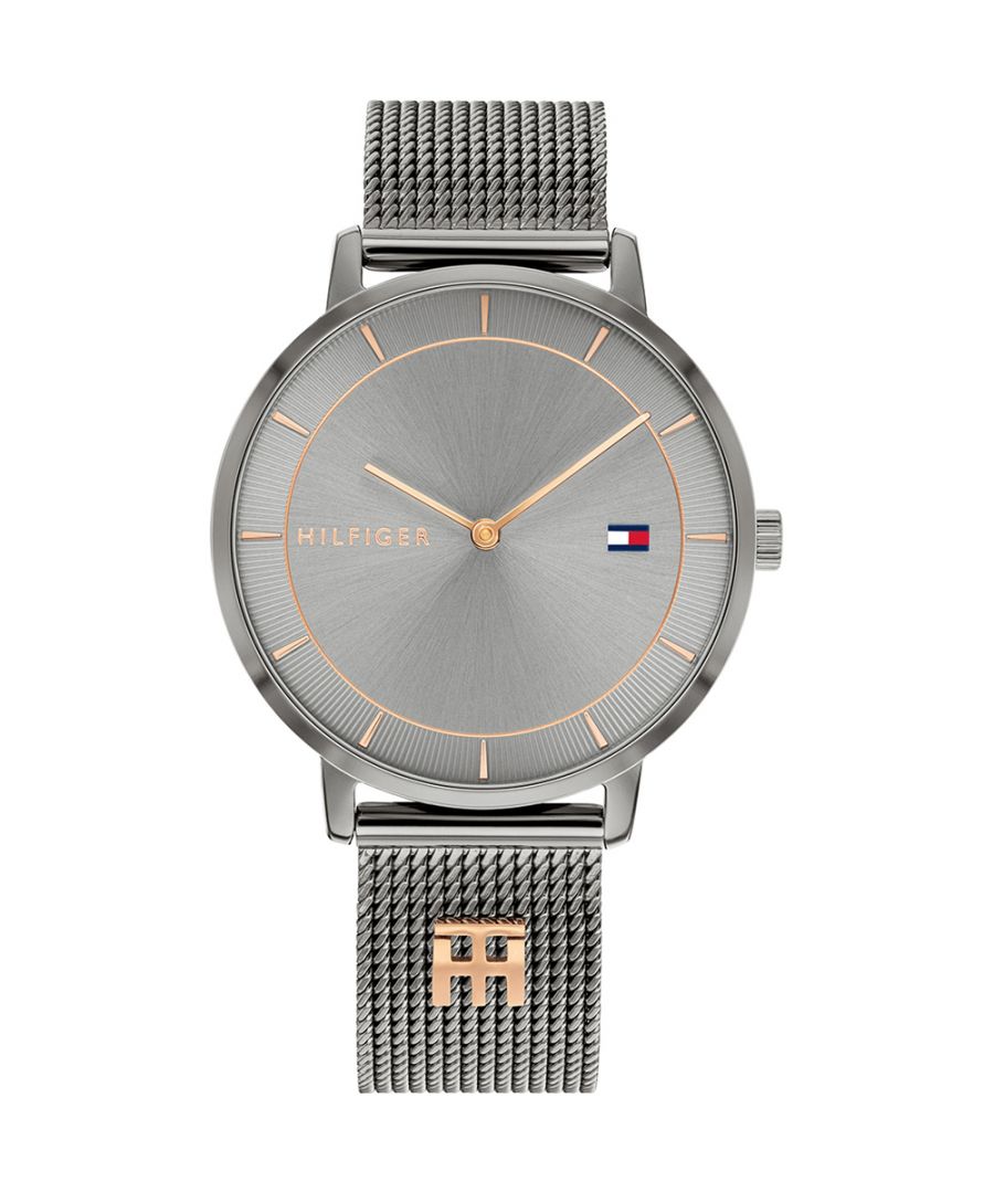 This Tommy Hilfiger Tea Analogue Watch for Women is the perfect timepiece to wear or to gift. It's Grey 35 mm Round case combined with the comfortable Grey Stainless steel watch band will ensure you enjoy this stunning timepiece without any compromise. Operated by a high quality Quartz movement and water resistant to 3 bars, your watch will keep ticking. Elegant and fashionable watch that is suitable for the daily life of every Women High quality 19 cm length and  15 mm width Grey Stainless steel strap with a Fold over clasp Case diameter: 35 mm,case thickness: 6 mm, case colour: Grey and dial colour: Grey