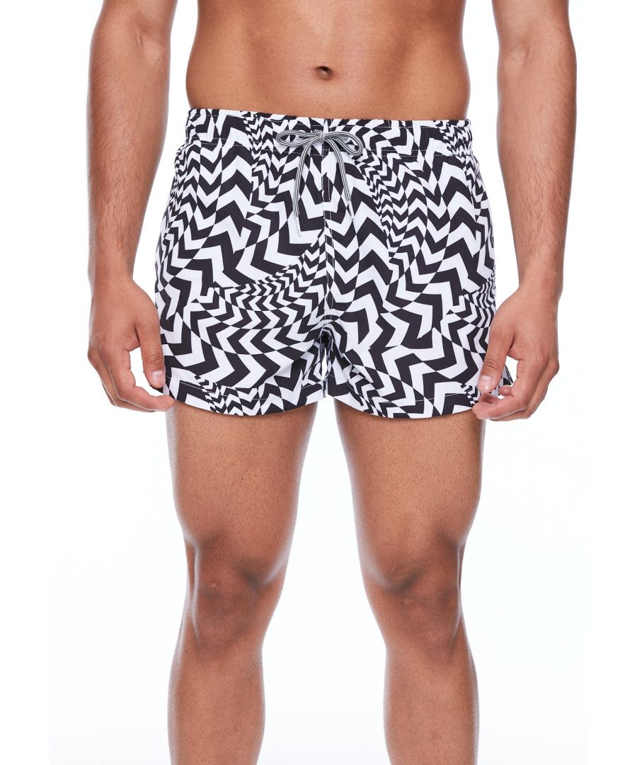 Stop traffic in our Hazard shorts. These black and white beauties will keep your style on track. They're made from 100% super-soft, quick drying polyester and come in a shortie-length. A cool illusion to cause major confusion!
