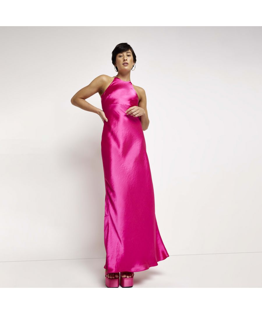 > Brand: River Island> Department: Women> Colour: Pink> Style: Maxi> Material Composition: 100% Polyester> Material: Polyester> Neckline: Halter Neck> Sleeve Length: Sleeveless> Dress Length: Long> Pattern: No Pattern> Occasion: Party/Cocktail> Size Type: Petites> Season: AW22