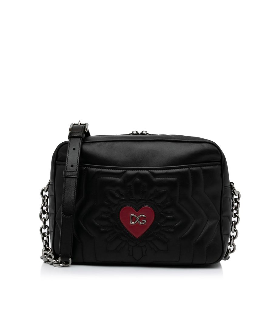 VINTAGE. RRP AS NEW. This crossbody bag features a quilted leather body, a curb chain strap, exterior slip pocket, a top zip closure, and an interior slip pocket.Exterior Corners Discolored, Scratched. Interior Lining stained with Transfer Of Color, Other. Zipper Scratched. \n\nDimensions:\nLength 21cm\nWidth 28cm\nDepth 8cm\nShoulder Drop 65cm\n\nOriginal Accessories: Dust Bag, Dust Bag\n\nSerial Number: 48\nColor: Black\nMaterial: Leather x Calf\nCountry of Origin: Italy\nBoutique Reference: SSU203710K1342\n\n\nProduct Rating: VeryGoodCondition\n\nCertificate of Authenticity is available upon request with no extra fee required. Please contact our customer service team.
