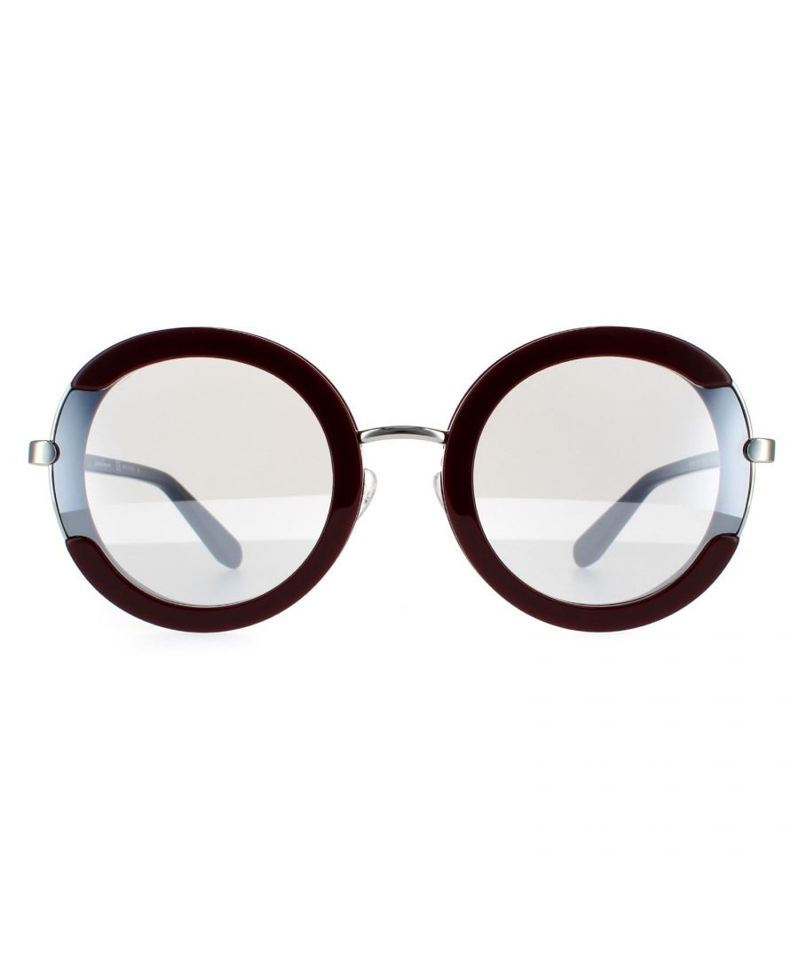 Salvatore Ferragamo Sunglasses SF164S 604 Burgundy Grey are a truly unique design with plastic not quite full rims sitting above the metal rims, as well as behind for a 3-d effect which has never been seen before.