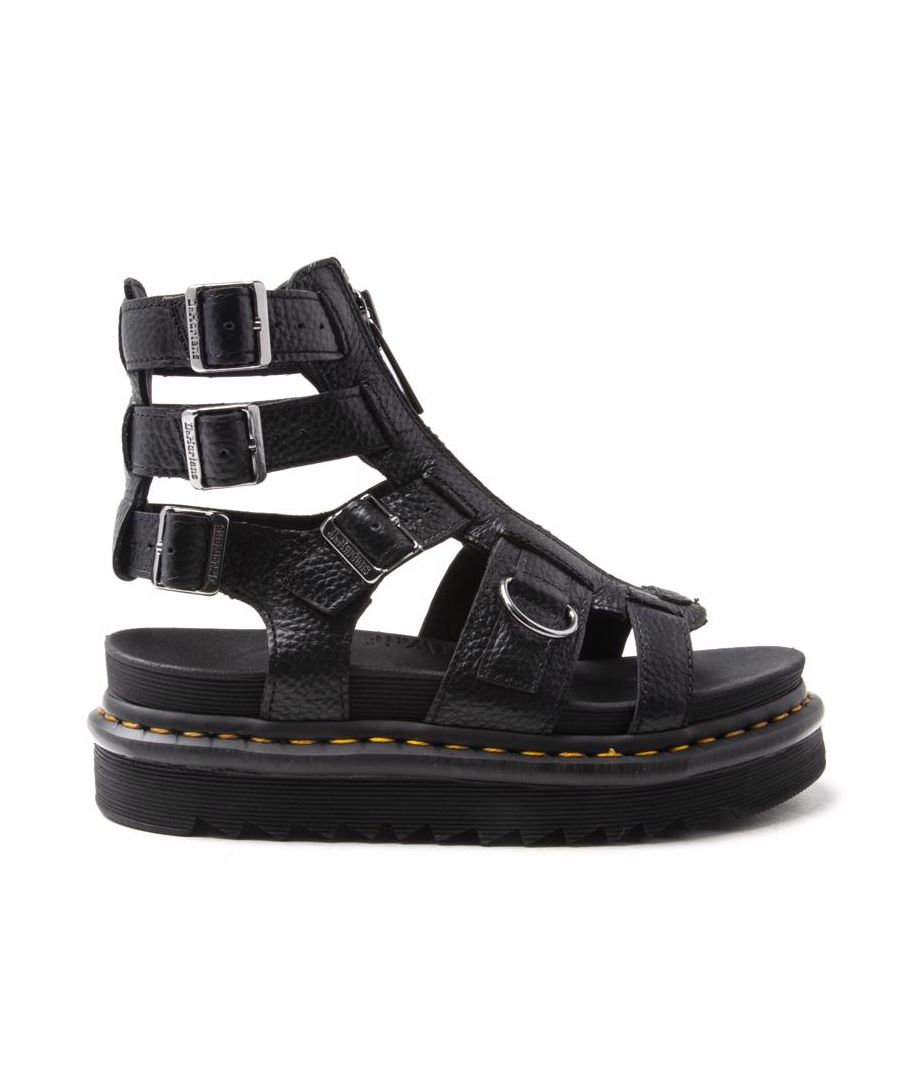 Women's Black Dr. Martens Olsen Leather Sandals With Ankle Cage Adjustable Buckle Straps, Front Zip, And Iconic Yellow Stitching. These Ladies' Slip-on Gladiators Have An Air-cushioned Rubber Sole, Synthetic Lining And Are Goodyear-welted.