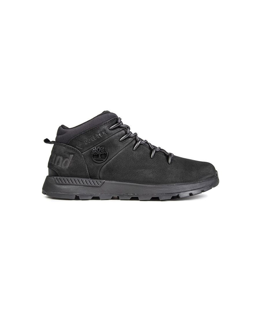 Mens black Timberland sprint trekker gortex boots, manufactured with leather and a rubber sole. Featuring: sensorflextm technology, rustproof. speed lace hardware, eva footbed and gortex lined.
