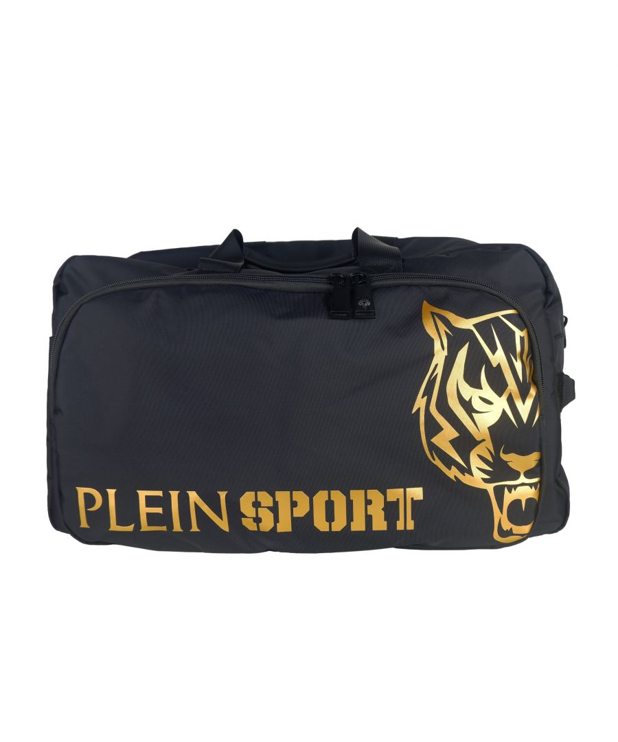 Plein Sport duffle bag in black technical fabric with golden logo, external pocket with zip closure, internal pockets, grip handles and adjustable shoulder strap Measurements: 54x28x33 cm