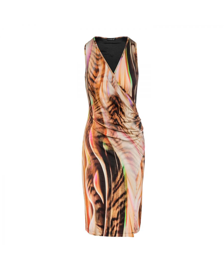 Floral print sleeveless dress in stretch jersey fabric: viscose-elastane.  Wrap style in the front culminating in pleats at the waist on the left front side.  Lining in stretch fabric at the back. Measurements for size 38/M (in cm):Shoulder width-29, Bust-37, Waist-29,  Hemline-40, Body length-102. 92%viscose-8%elastan