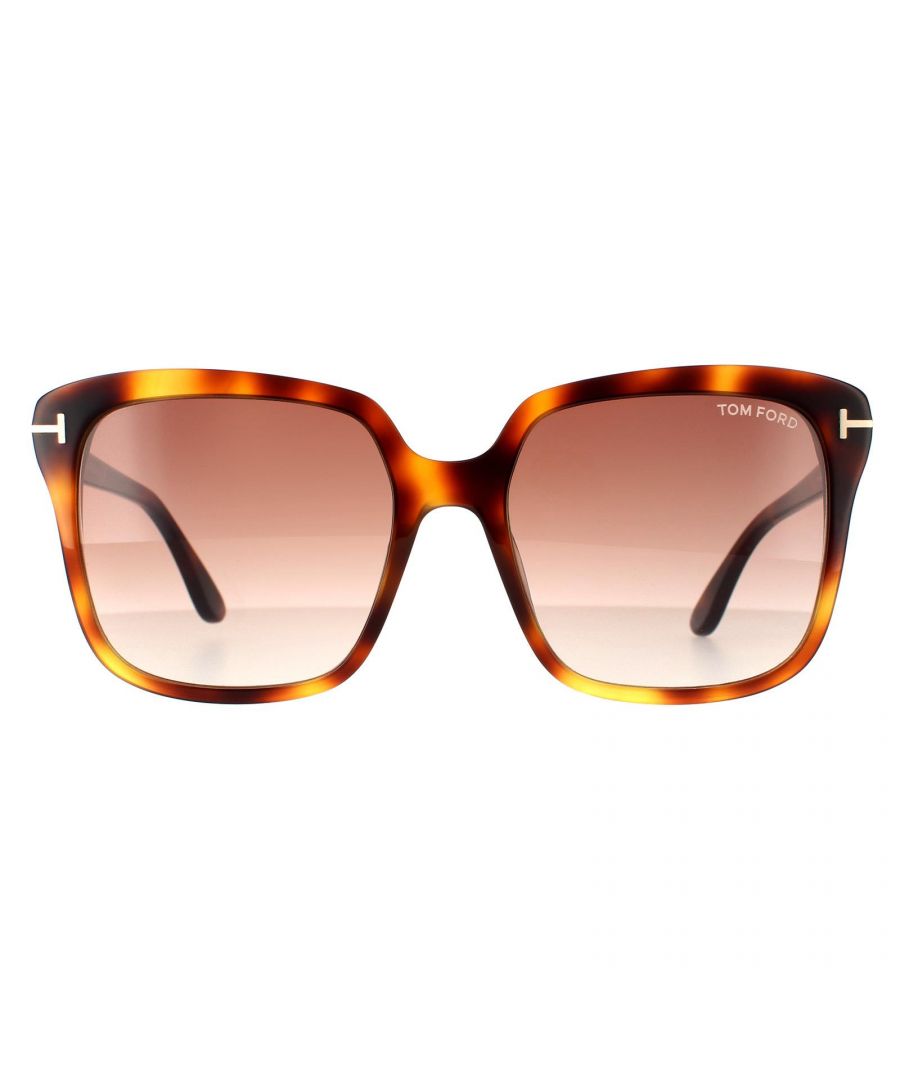 Tom Ford zonnebril Faye FT0788 53F Blonde Havana Brown Gradient zijn een oversized rechthoekig frame gemaakt van lichtgewicht acetaat. Ze zijn verfraaid met de metalen Tom Ford T's die rond de scharnieren wikkelen voor merkauthenticiteit