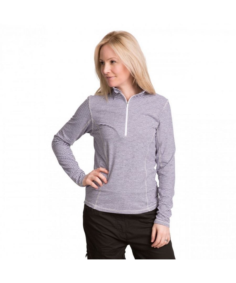 1/2 zip neck. Long sleeves. Flat seams for comfort. Yarn dyed stripe. Wicking. Quick dry. 85% Polyester, 15% Elastane. Trespass Womens Chest Sizing (approx): XS/8 - 32in/81cm, S/10 - 34in/86cm, M/12 - 36in/91.4cm, L/14 - 38in/96.5cm, XL/16 - 40in/101.5cm, XXL/18 - 42in/106.5cm.