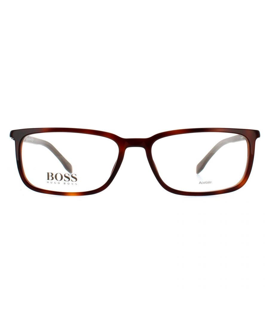 Hugo Boss Rectangular Mens Dark Havana and Matte Grey Opal 90031100 Hugo Boss have a thin plastic rectangular frame with Hugo Boss branding on the temples. Made from Safilo's Optyl plastic, the frame is lightweight, durable and hypoallergenic.