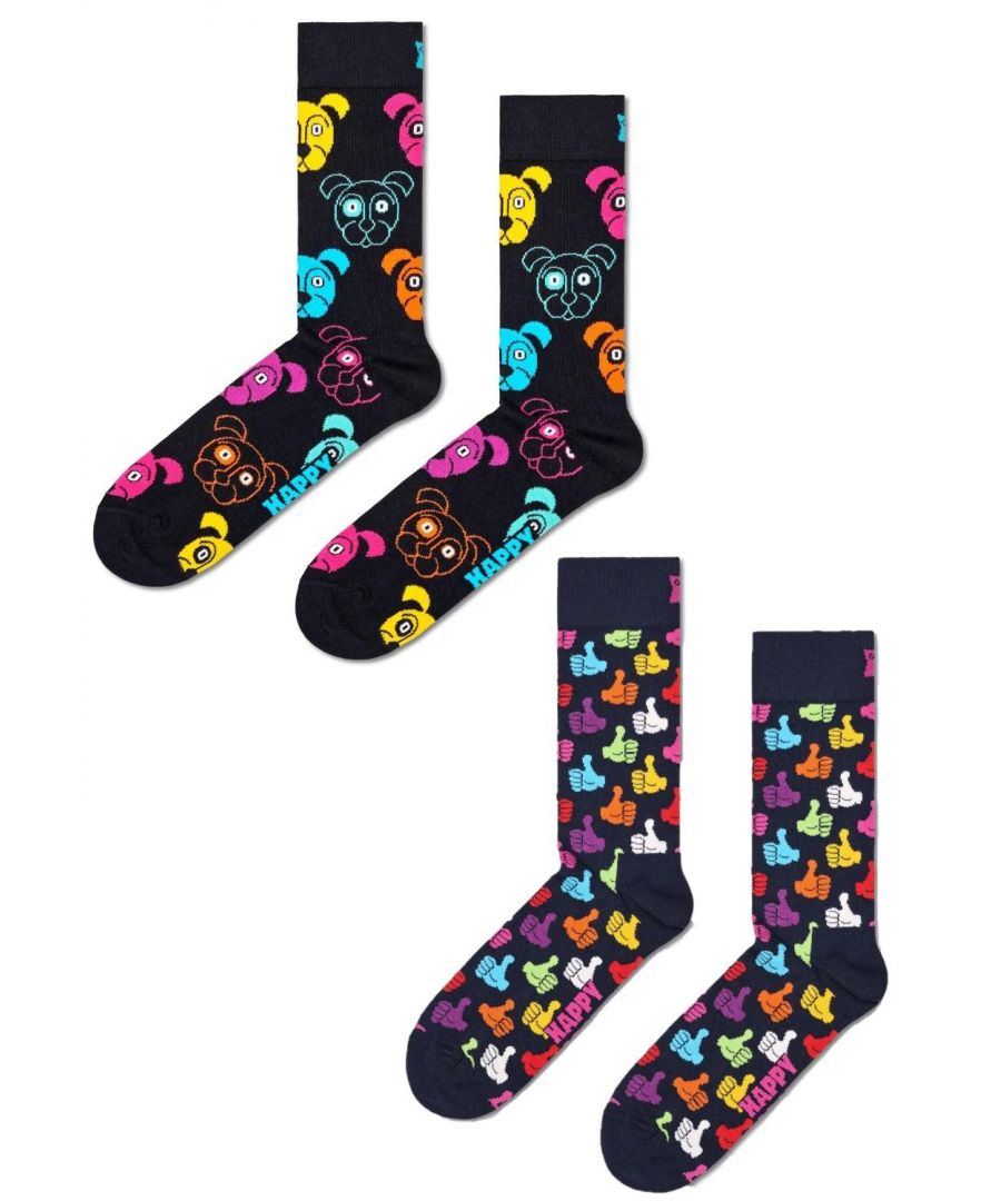 Happy Socks Unisex 2 Pack Classic Dog Thumbs Up Crew - Multicolour Cotton - Size UK 7-11