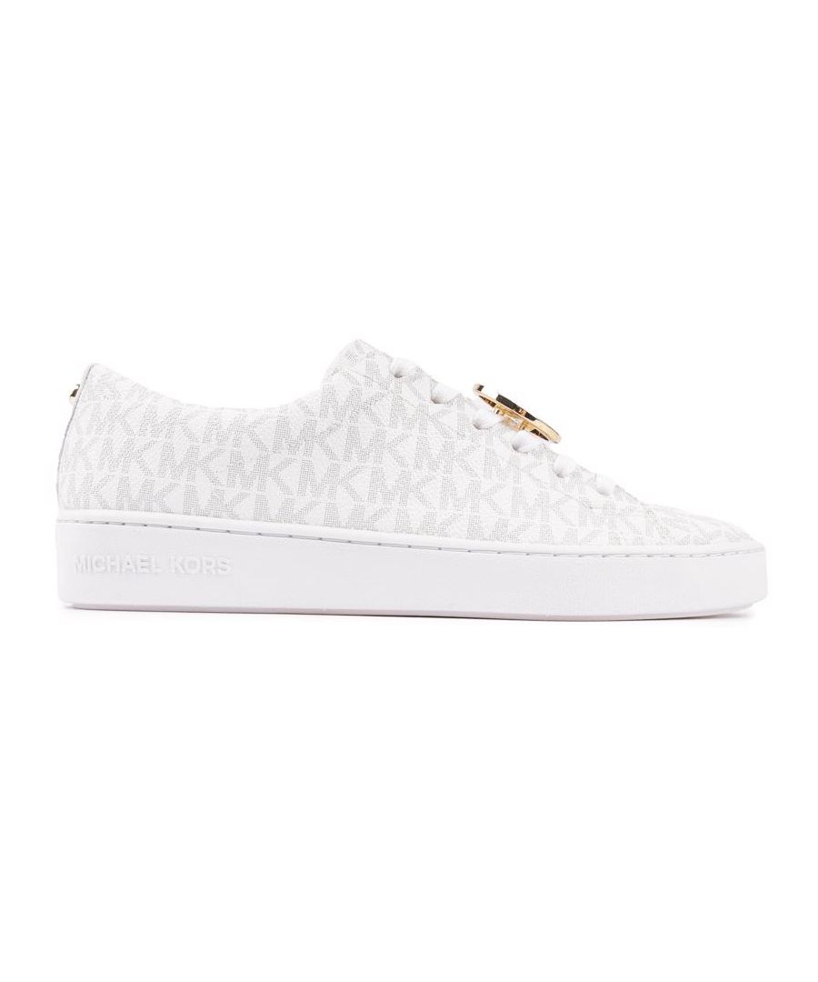 This Michael Kors Keaton Trainer Is The Ultimate In Stylish Comfort. Featuring A White Textile Upper With An All-over Mk Logo Print With An Eye-catching Design, These Designer Shoes Have Beautiful Branded Gold Hardware And Signature Logo On The Sole For A Stand Out Smart-casual Fashion Look.