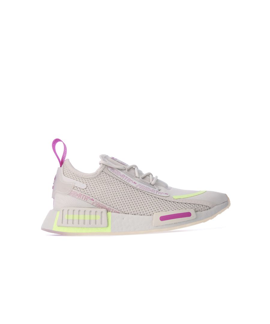 Womens adidas Originals NMD_R1 Spectoo Trainers in light grey.- Knit textile upper.- Lace closure.- Stretchy  sock-like feel. - Snug feel.- Text graphics and a translucent side.- Boost midsole.- Rubber outsole.- Textile upper  Textile lining  Synthetic sole.- Ref.: FX6935