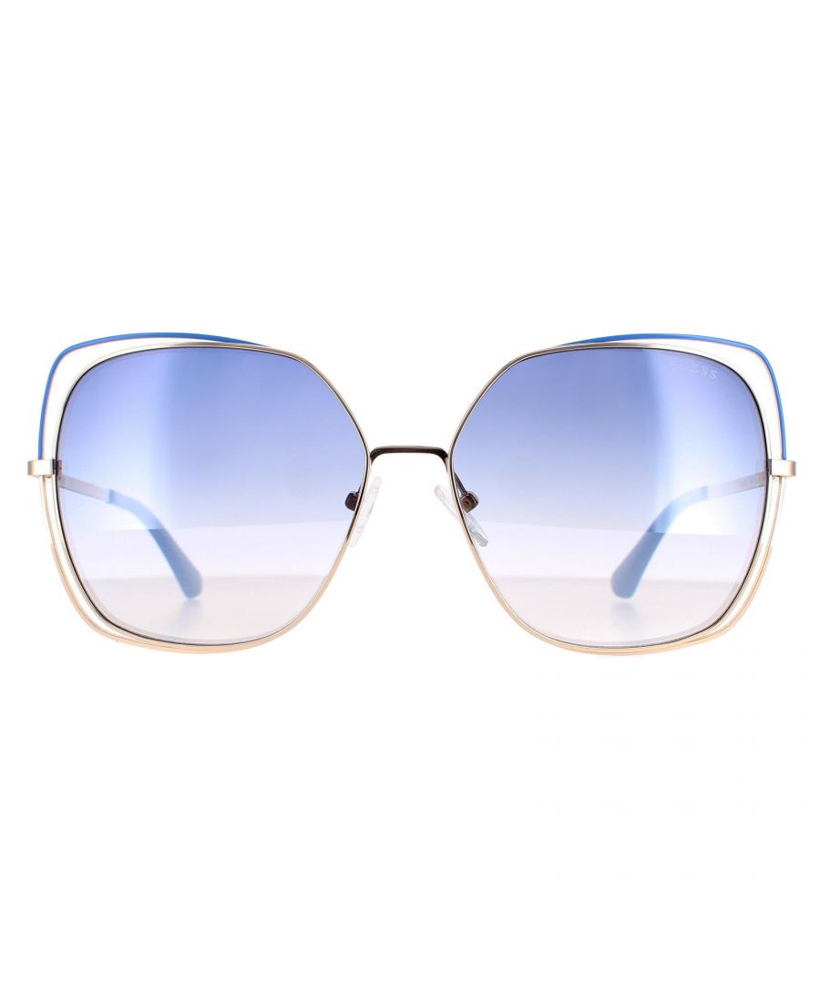 Guess Butterfly Womens Gold  Blue Gradient GU7638  Sunglasses are a sleek stylish butterfly style made from lightweight metal. The adjustable nose pads and plastic temple tips allow for an all day comfortable fit. The Guess emblem logo features on the temples for brand authenticity.