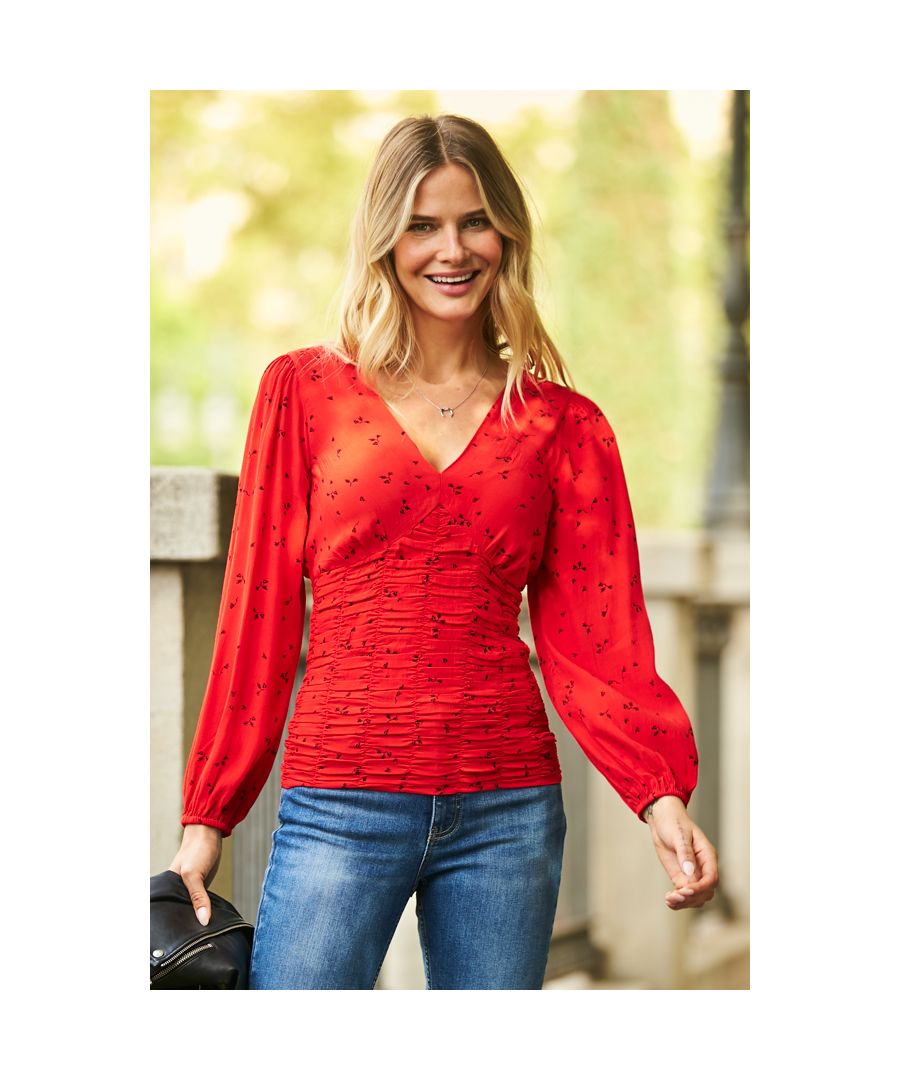 Image for Red Ditsy Floral Print Ruched Front Top