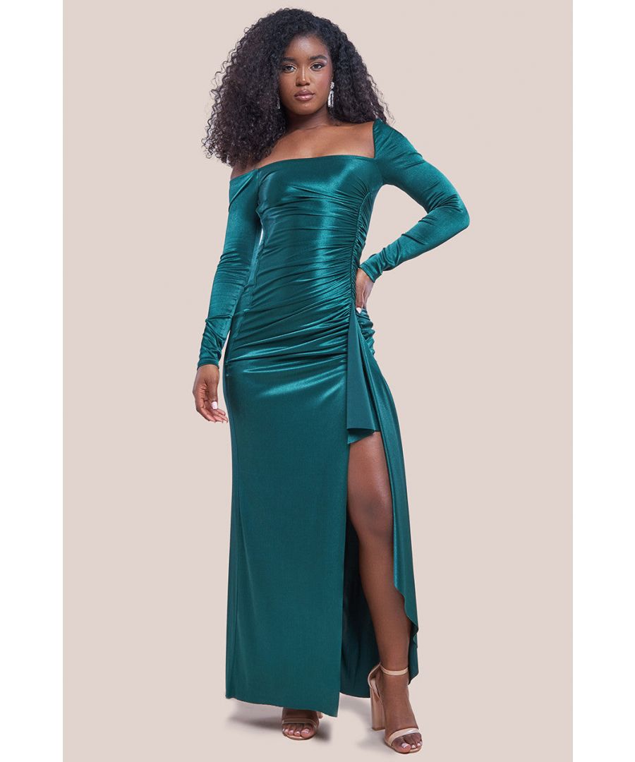 Goddiva Womens Slinky Satin One Shoulder Split Maxi Dress - Emerald - Size 18 UK