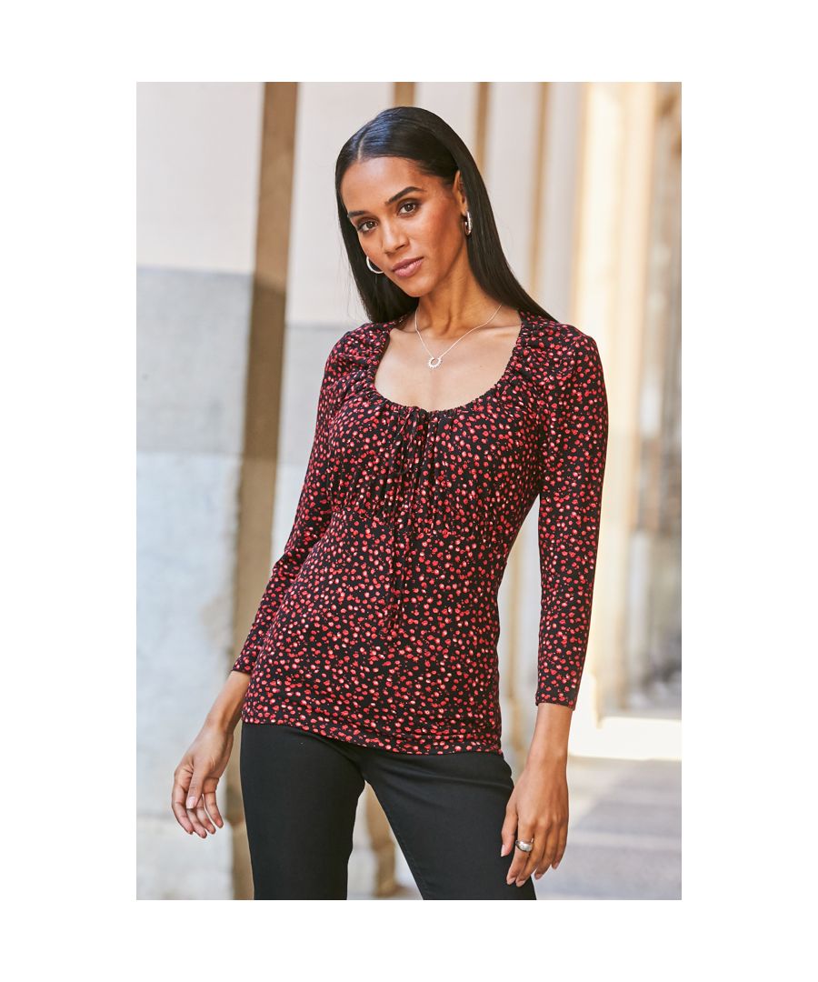 Image for Black & Red Ditsy Floral Print Ruched Neck Top