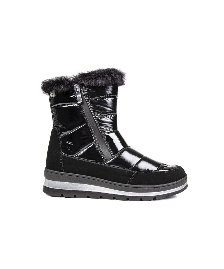Women's Black Caprice 26216 Zip-up Snow Boots Designed With A Synthetic And Textile Waterproof Upper Featuring Patent Like Panelling, And Metallic Branding Detail. These Ladies' High-top Ankle Boots Have A Supreme Soft Faux Fur Lining, Full Length Inside Zip, Reinforced Heel, Cushioned Insole, And Finished With A Sturdy Gripped Synthetic Black Sole.