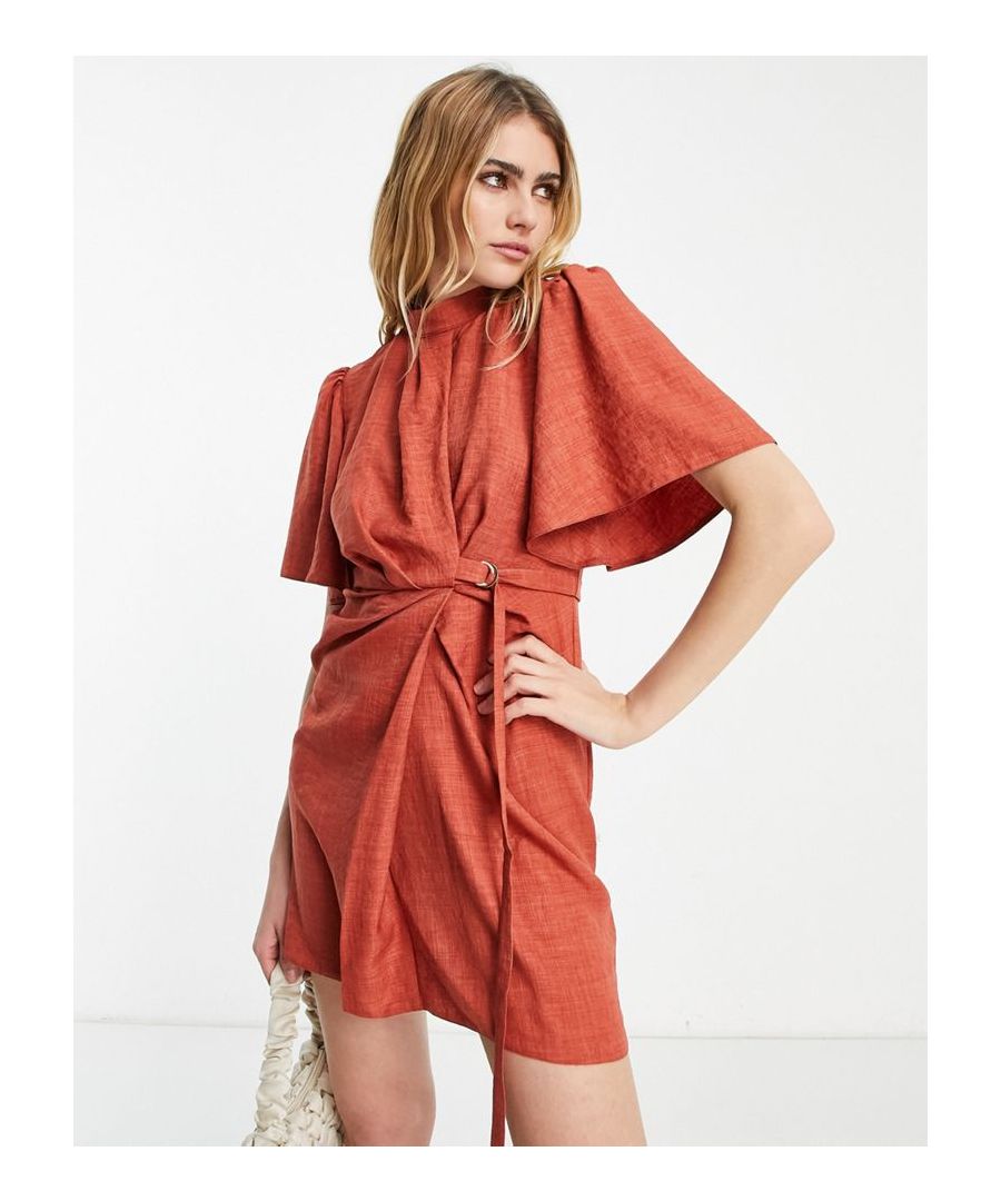Mini dress by ASOS DESIGN Add-to-bag material High neck Short sleeves Belted waist Button-keyhole back Zip fastening to reverse Regular fit Sold by Asos