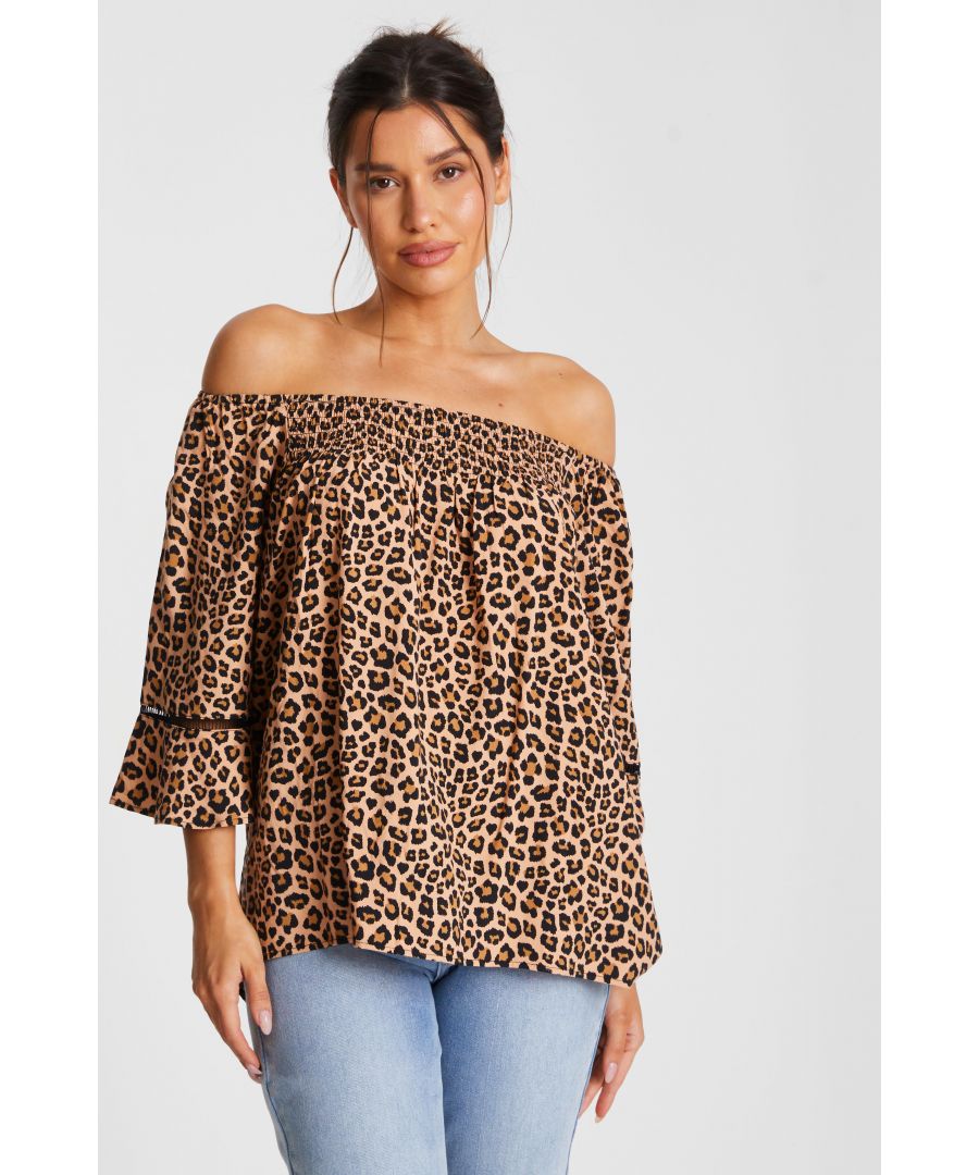 Quiz Womens Stone Leopard Print Bardot Top Viscose - Size 12 UK