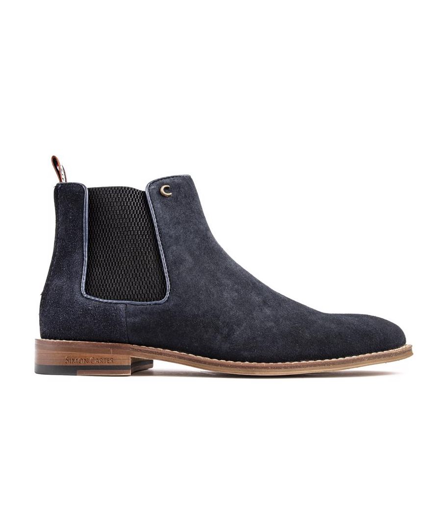 Men's Blue Simon Carter Elgar 2 Lace-up Chelsea Boots With Smooth Suede Leather Upper, Fine Details, Designer Branded Textile Heel Tab And Exclusive Printed Lining And Sock. These Smart, Exclusive Simon Carter Men's Shoes Are Your Stylish Staple For Many Occasions.