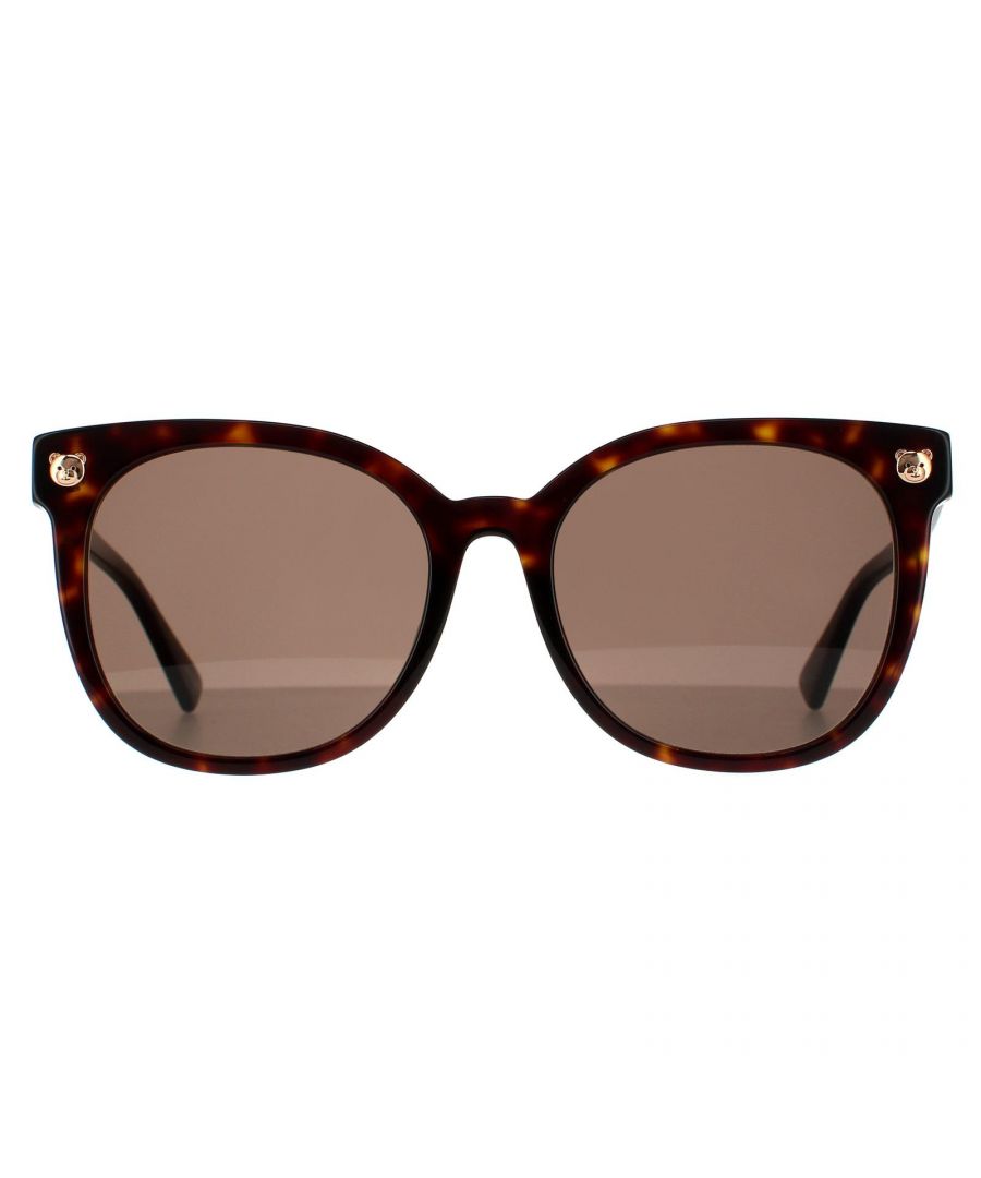 Moschino Square Unisex Dark Havana Brown Sunglasses MOS088/F/S are a classic square style crafted from lightweight acetate and finished with rivet front details. Slender temples feature the Moschino branding for brand authenticity