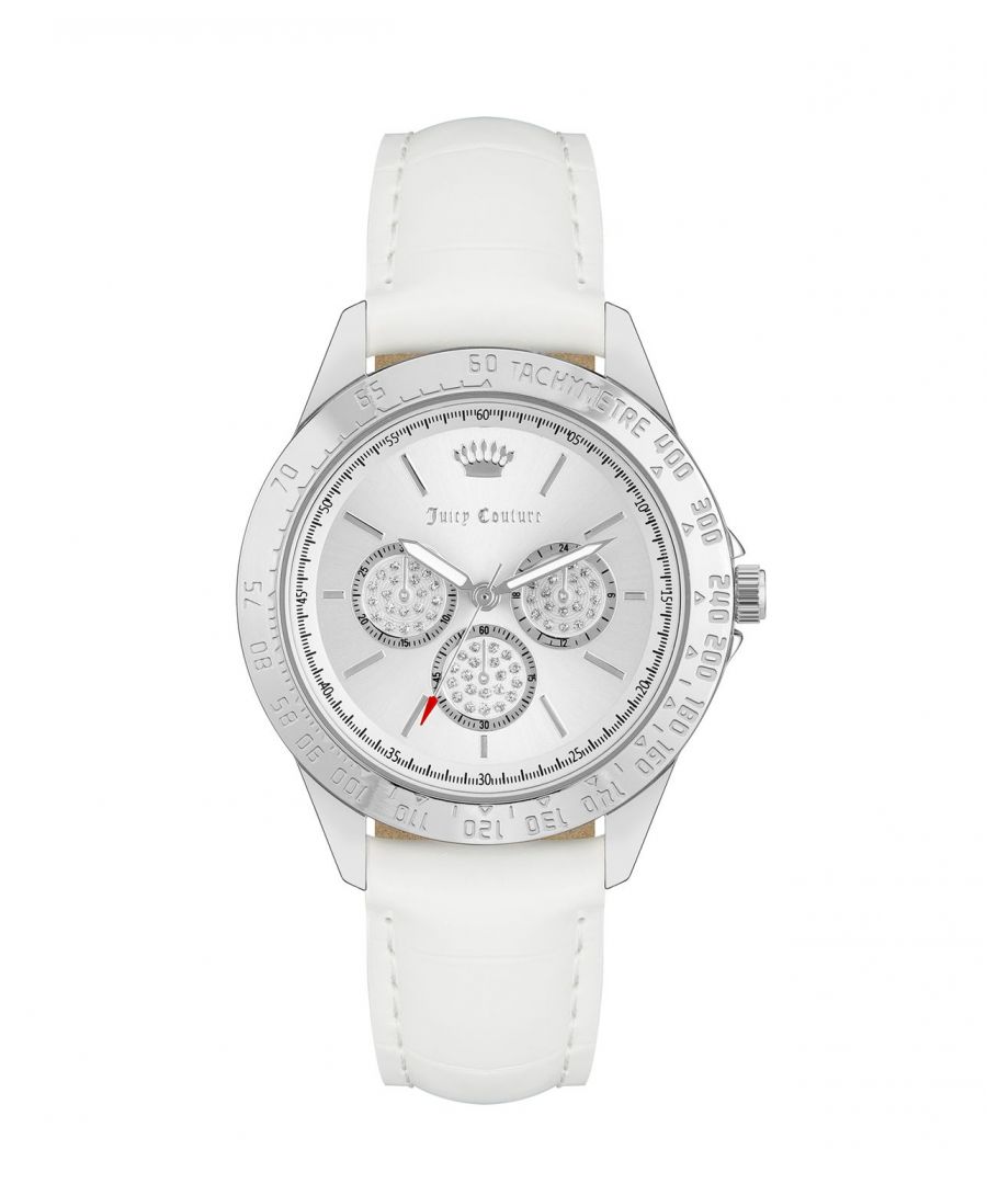 Juicy Couture Watch JC/1221SVWT\nGender: Women\nMain color: Silver\nClockwork: Quartz: Battery\nDisplay format: Analog\nWater resistance: 0 ATM\nClosure: Pin Buckle\nFunctions: No Extra Function\nCase color: Silver\nCase material: Metal\nCase width: 38\nCase length: 38\nWristband color: White\nWristband material: Leatherette\nStrap connecting width: 18\nWrist circumference (max.): 23.3\nShipment includes: Watch box\nStyle: Fashion\nCase height: 8\nGlass: Mineral Glass\nDisplay color: Silver\nPower reserve: No automatic\nbezel: none\nWatches Extra: None