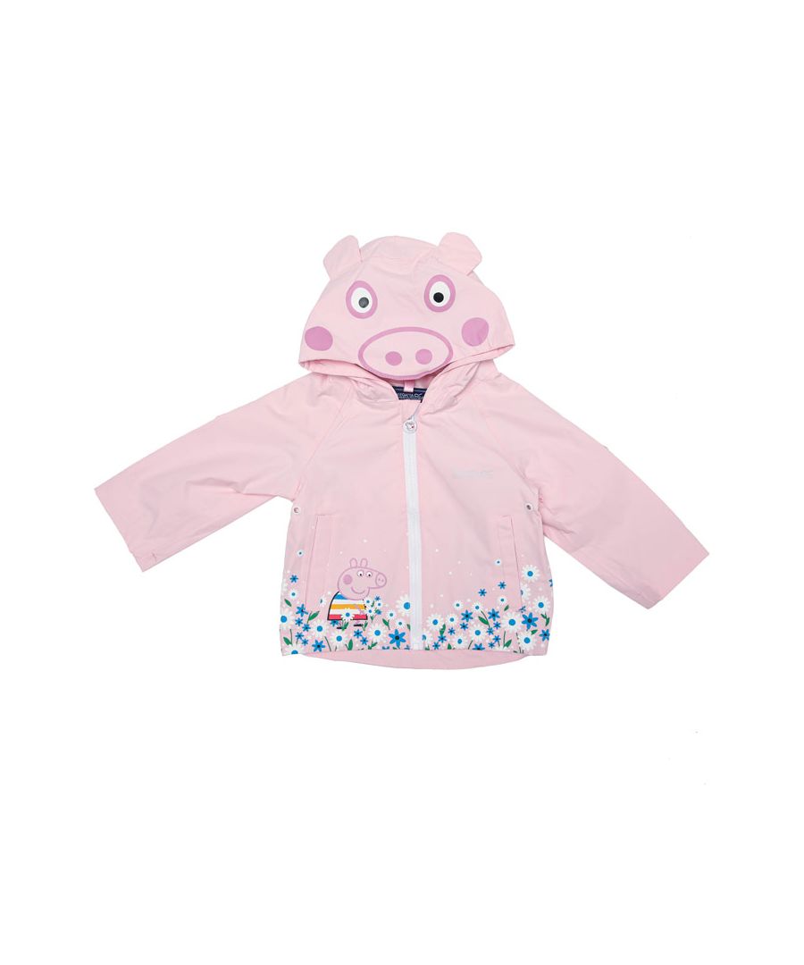 Baby Regatta Peppa Pig Waterproof Animal Hood Jacket in pink.- Animal face on hood with ears.- Lined hood.- Full zip fastening.- Two slip pockets.- Metal eyelet venting.- Reflective print branding.- Peppa in the woods print.- Regatta Outdoors badge on the left sleeve.- Slightly shaped hem.- Main Fabric: 100% Polyester. Lining: 100% Polyester. Machine washable. - Ref: RKW273PM7B