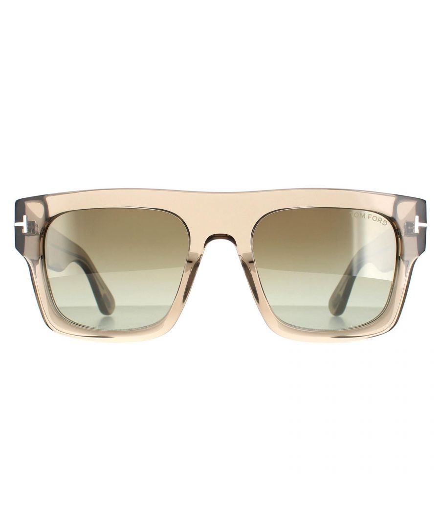 Tom Ford Square Mens Light Brown Transparent Green Gradient Fausto FT0711  Sunglasses are a typically bold fashion statement from Tom Ford with the flat top and extra chunky full rim acetate frame. The signature T bar wraps the temple and Tom Ford plate finishes the end pieces with aplomb